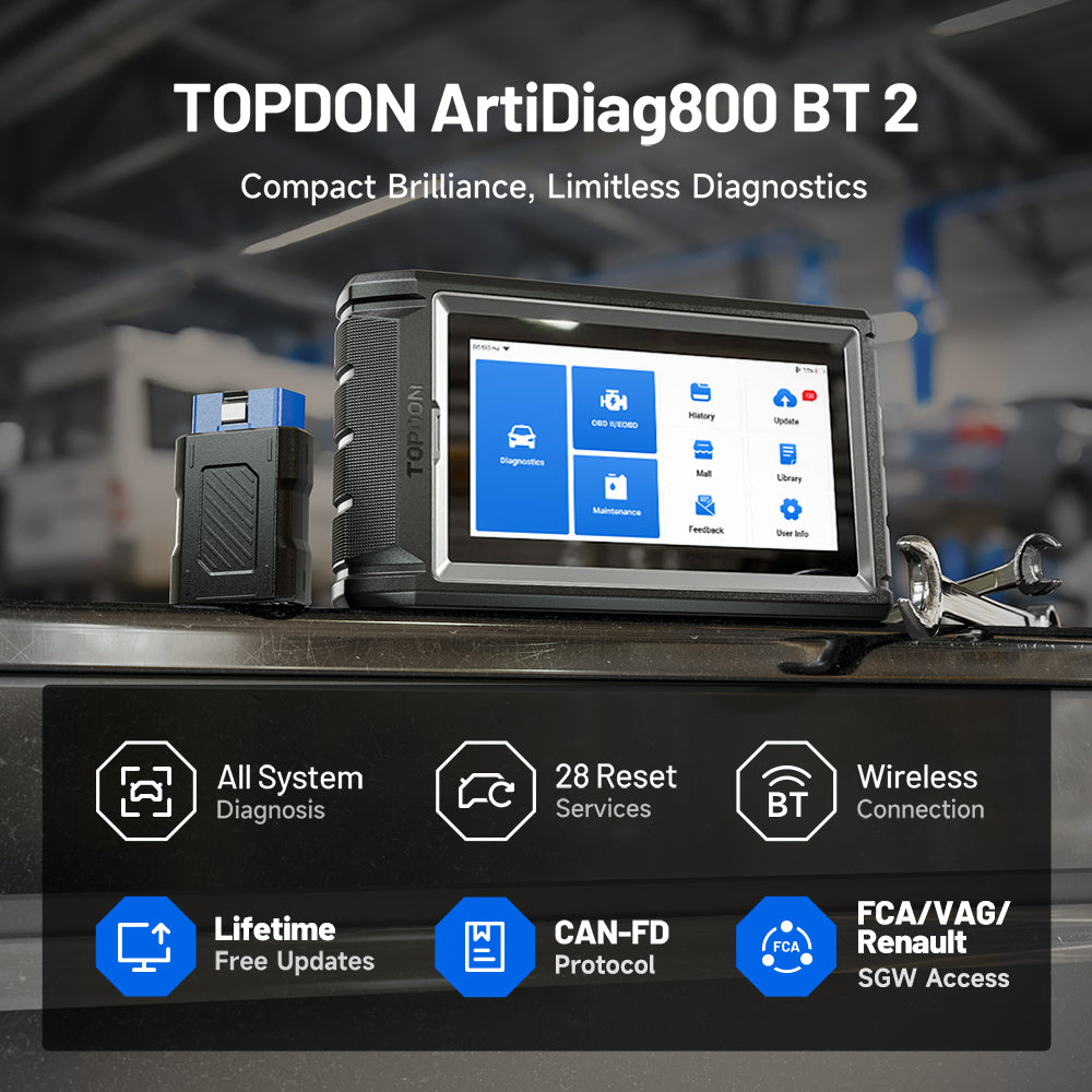 TOPDON ArtiDiag800 BT 2 diagnostic tool with display and Bluetooth adapter